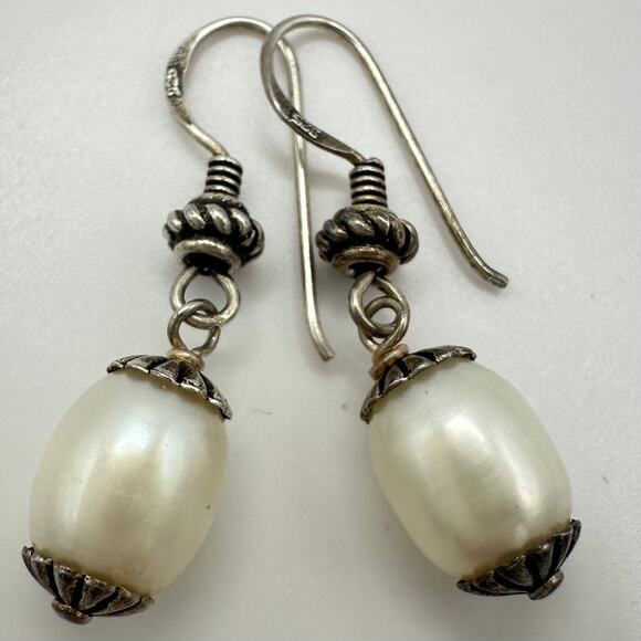925 sterling silver genuine white freshwater pearls hook dangle drop earrings - Picture 3 of 8